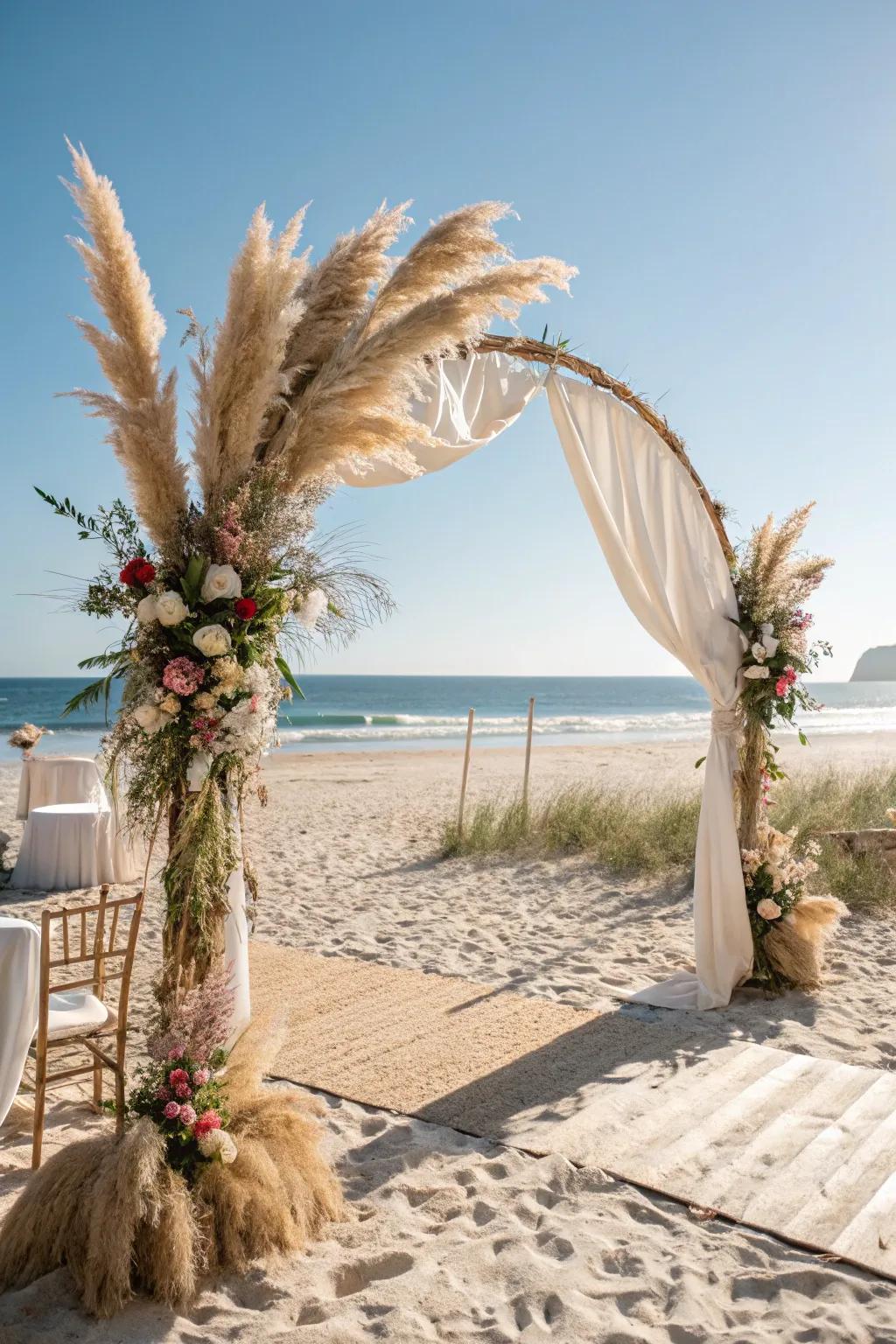 A bohemian wedding arch with elegant pampas grass.
