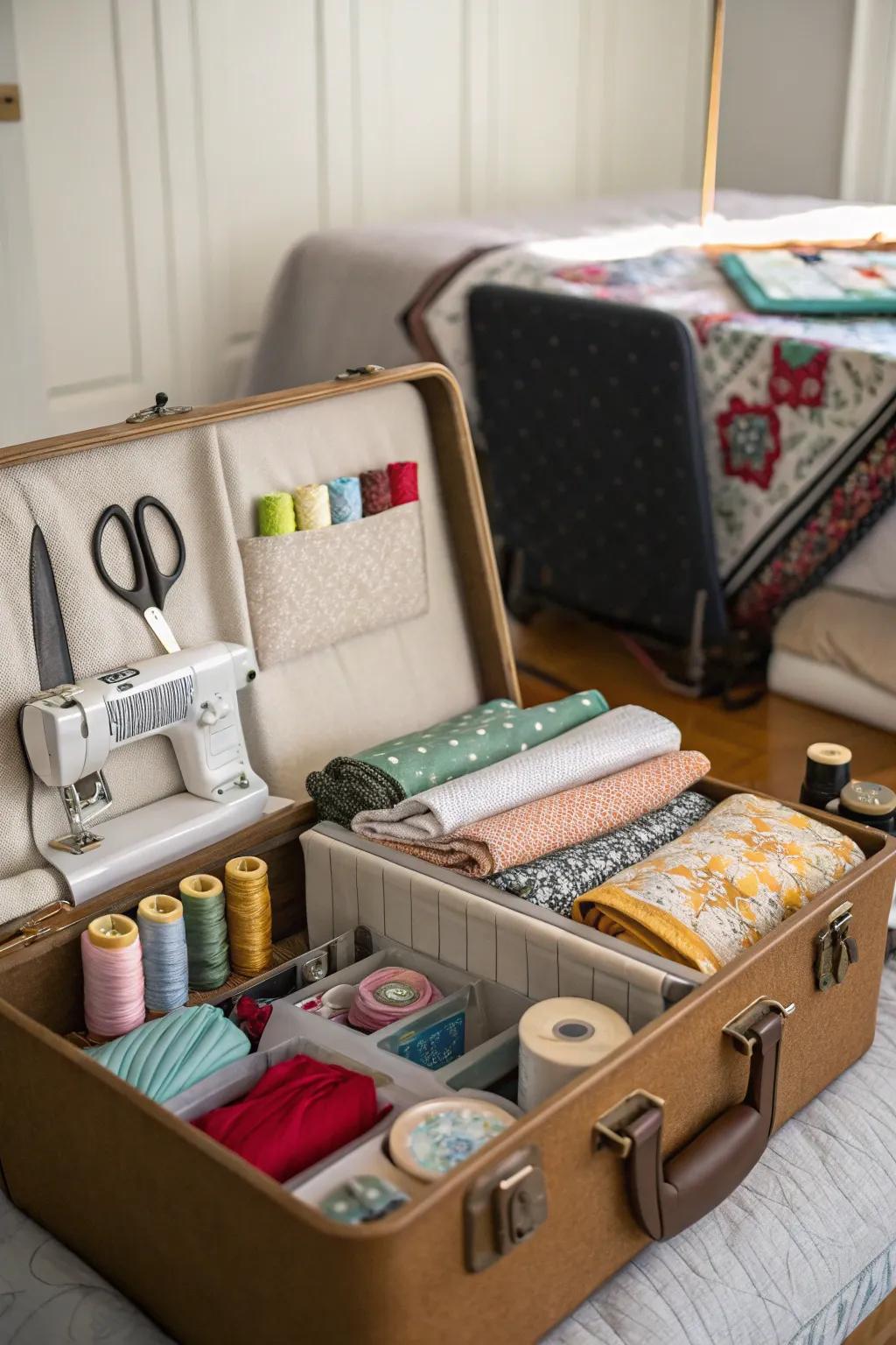 A trunk thoughtfully repurposed as a sewing nook, perfect for creative endeavors.