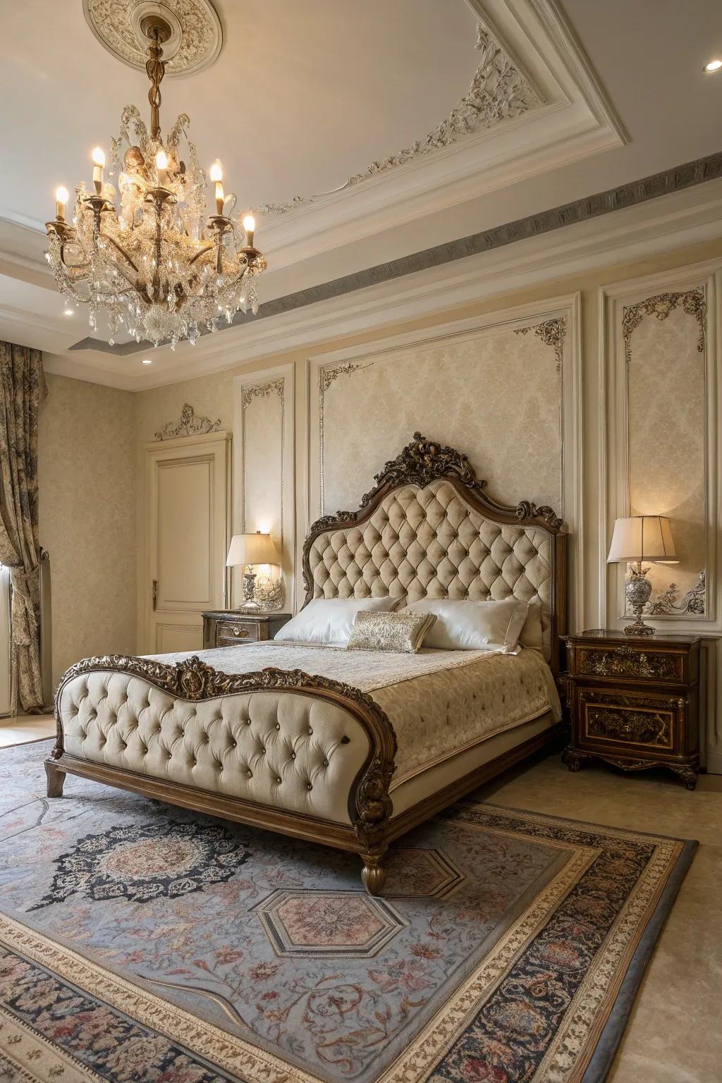 A Victorian bedroom showcases an elegant tufted headboard.