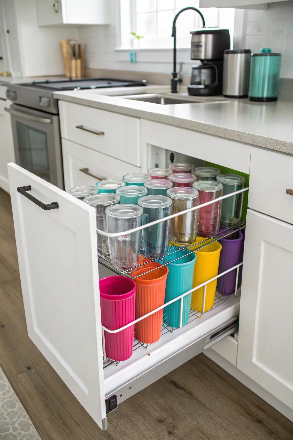Retractable cabinet organizer facilitating effortless tumbler retrieval.