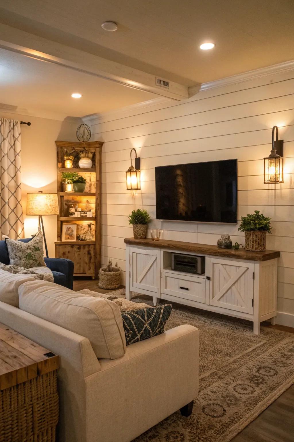 Shiplap introduces cozy charm to this TV feature wall, perfect for farmhouse style.