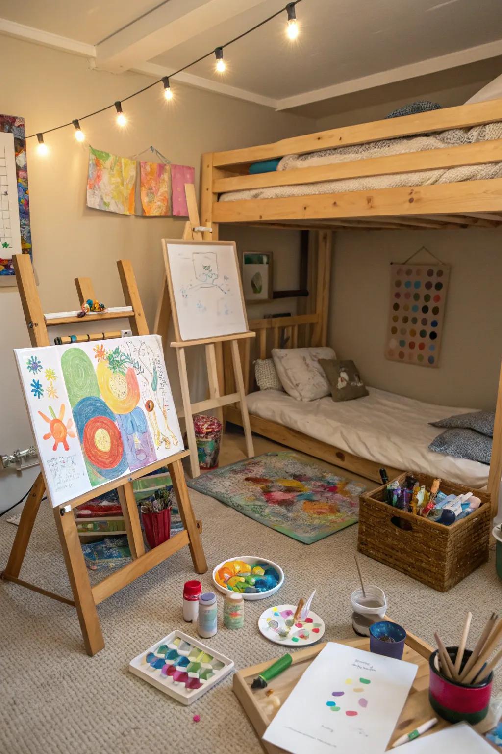 An inspiring art studio beneath the bunk bed.