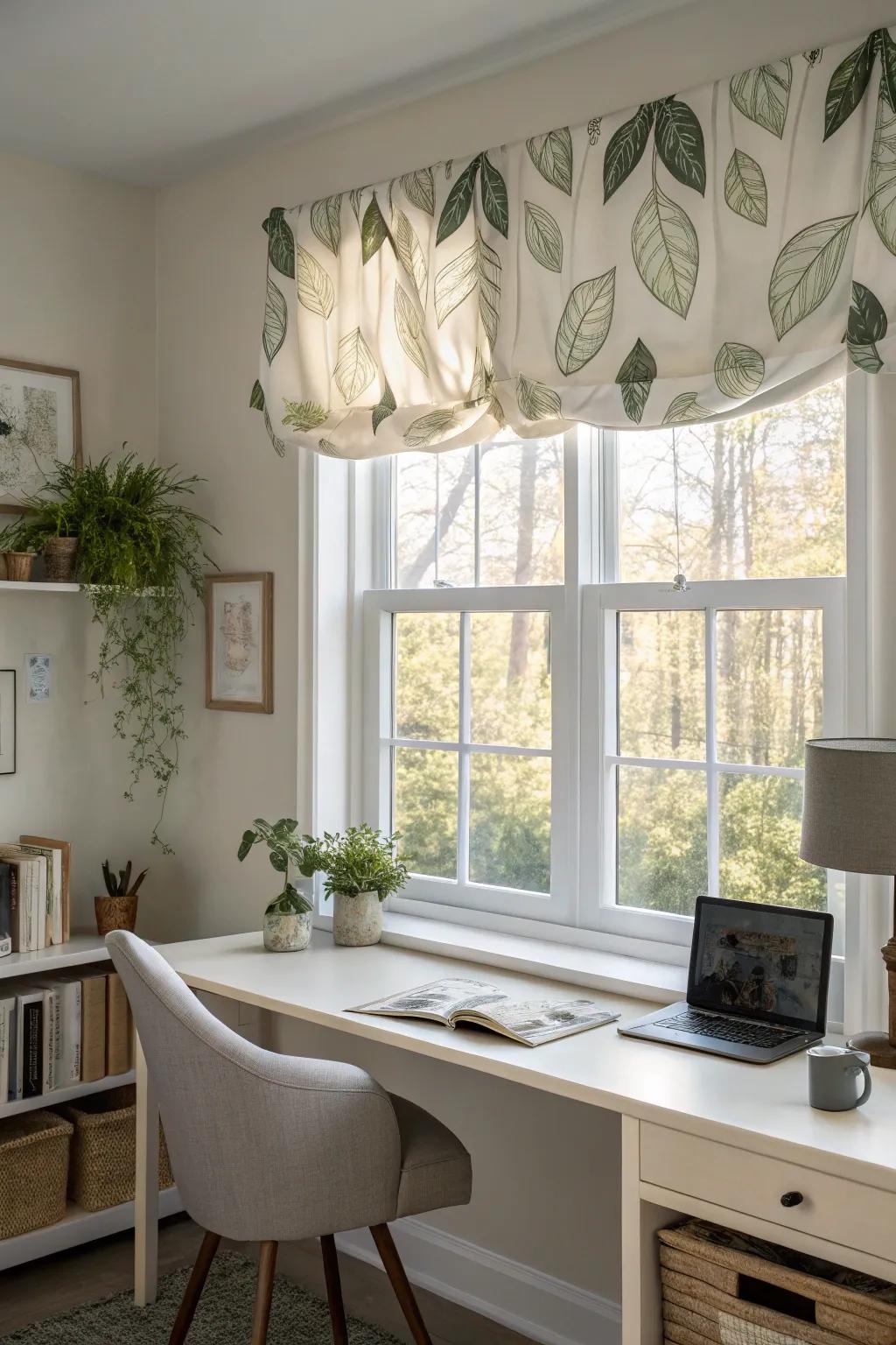 A window displaying a nature-inspired topper in a tranquil home office.