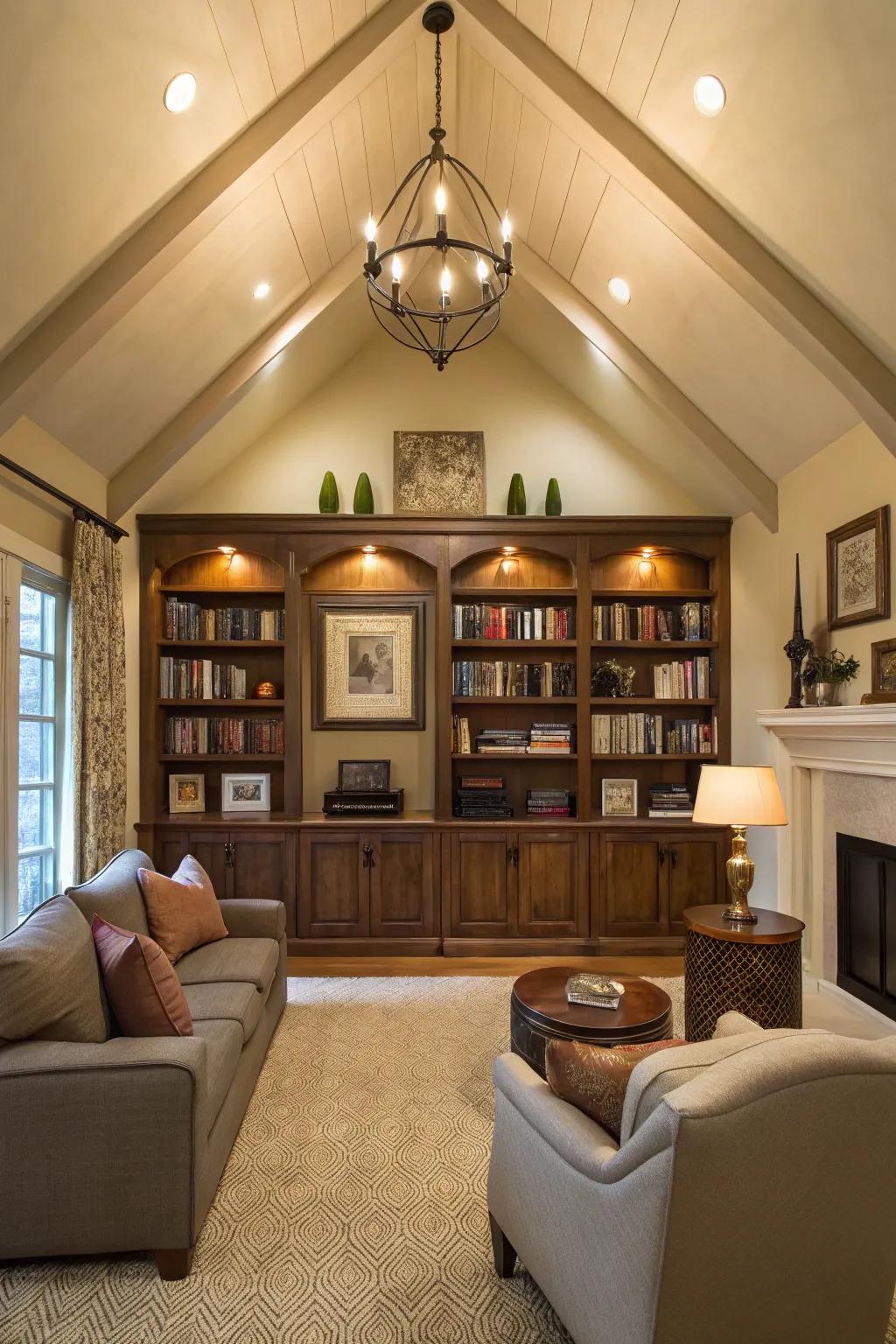 Living room featuring a vaulted ceiling and integrated bookshelves