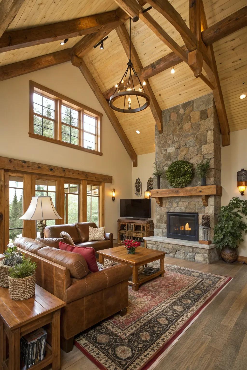 Nature-inspired design with live edge beams on a vaulted ceiling.