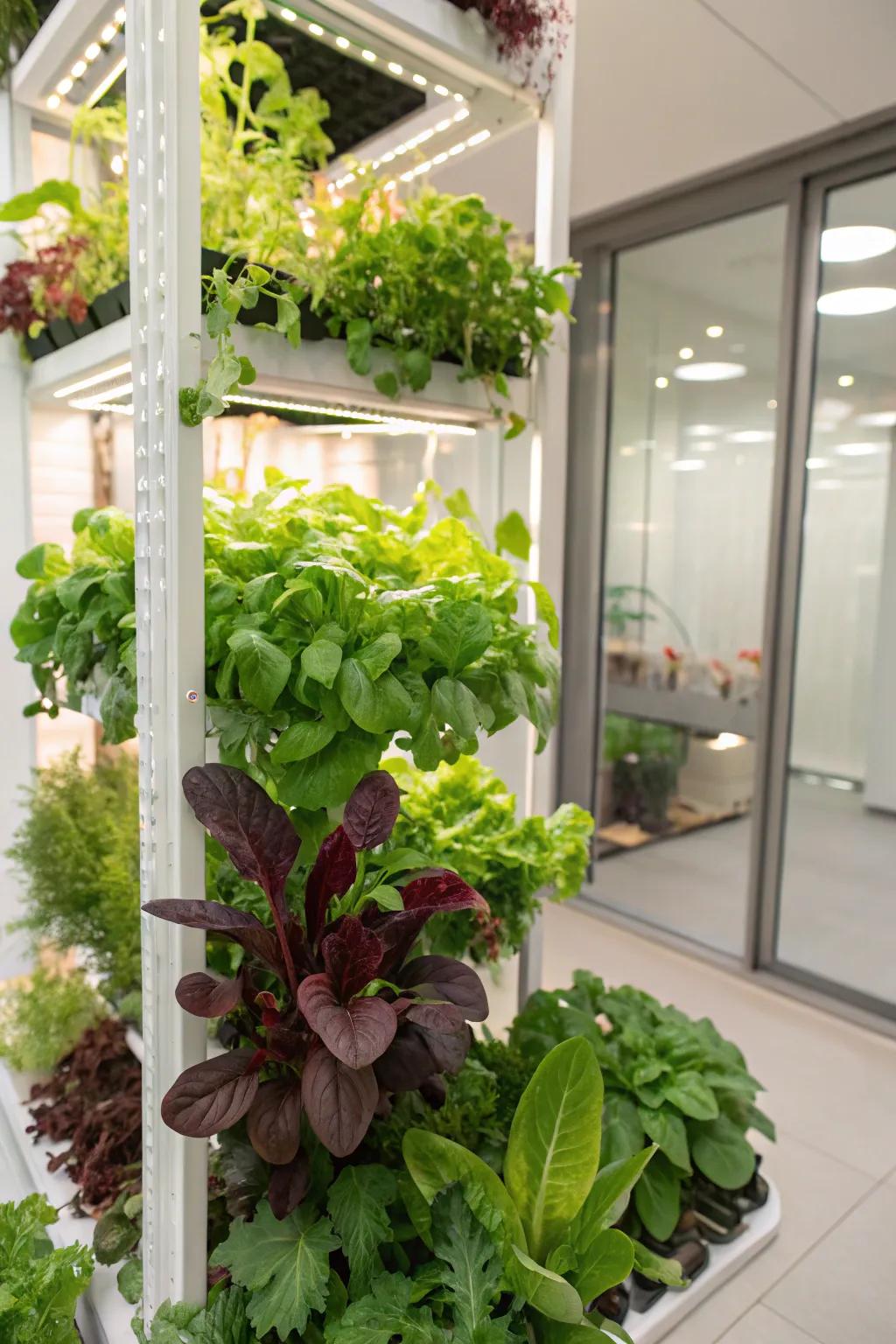 A contemporary hydroponic upright garden maximizing efficacy.