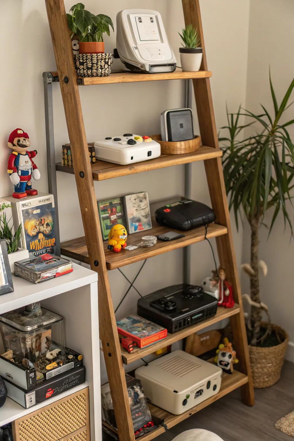 A ladder shelf presenting a fashionable display intended for video games and collectibles.