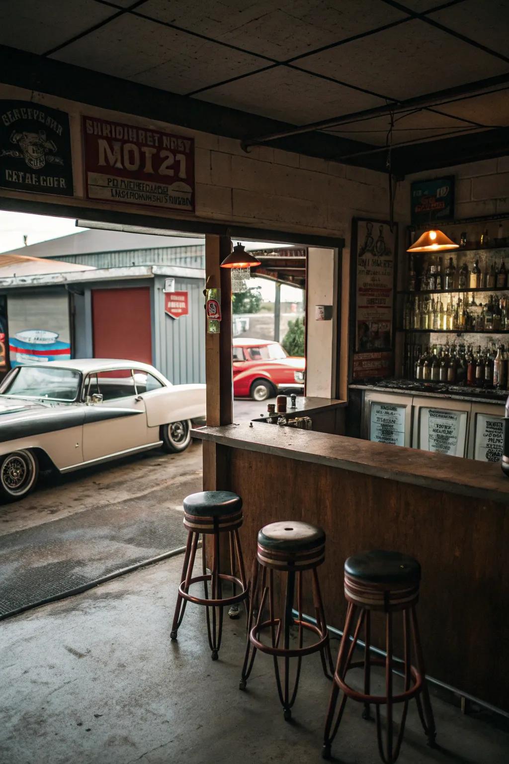 A retro bar zone makes the garage a flawless social spot.