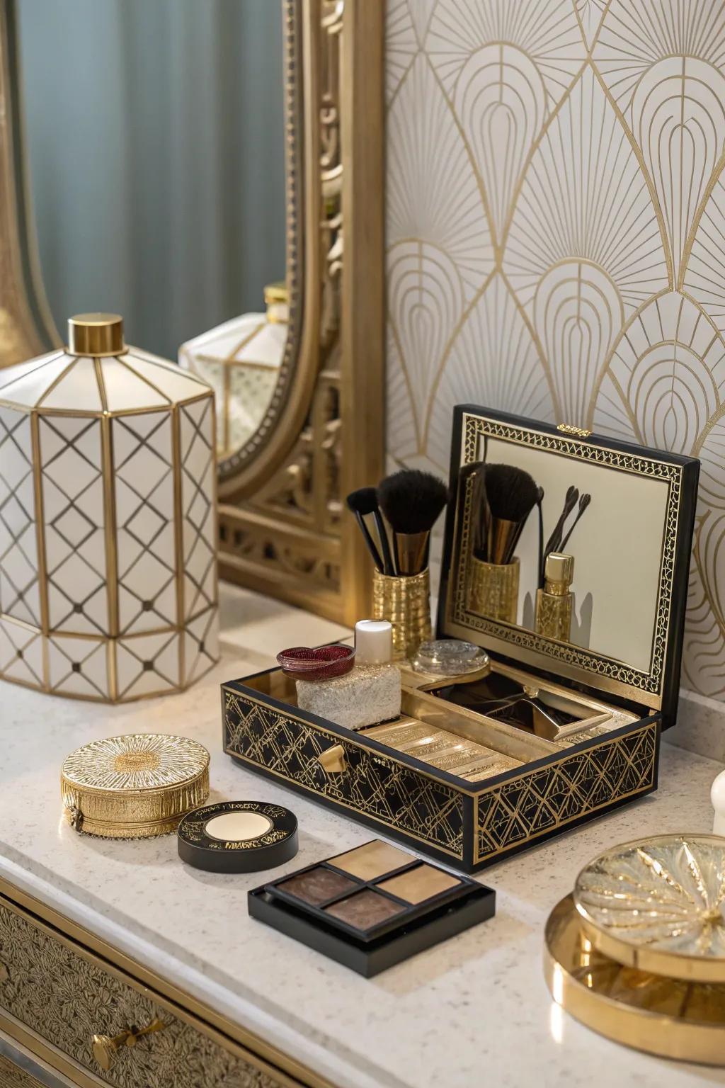 A themed setup offers a cohesive and stunning vintage vanity look.