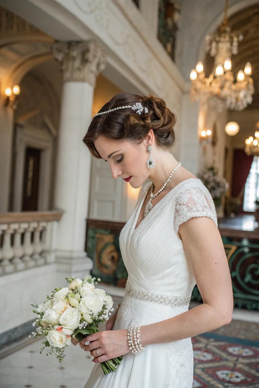 A bride gracefully adorned with treasured jewelry on her wedding day.