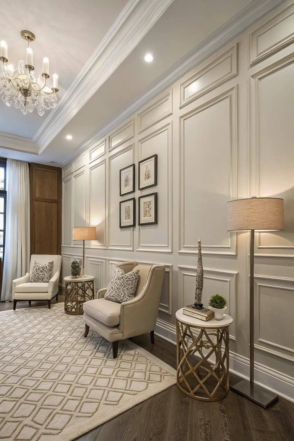 An apartment showcasing varied height wainscoting for visual interest.