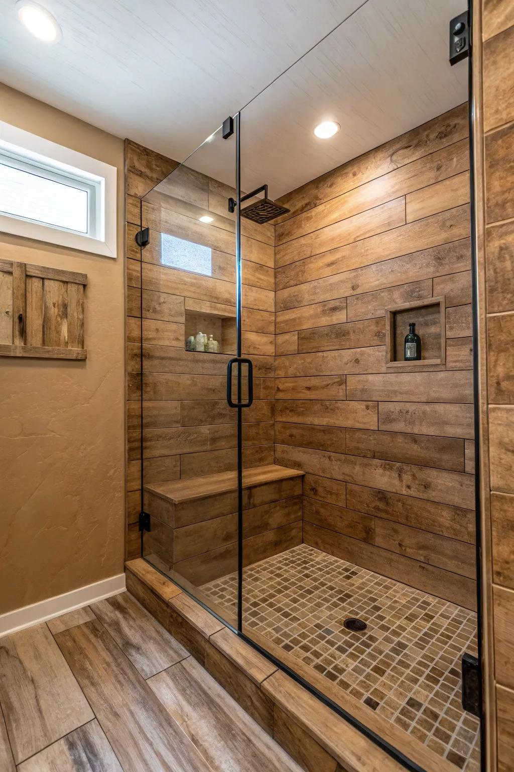 Wood-style squares bring warmth and comfort to your bathroom.