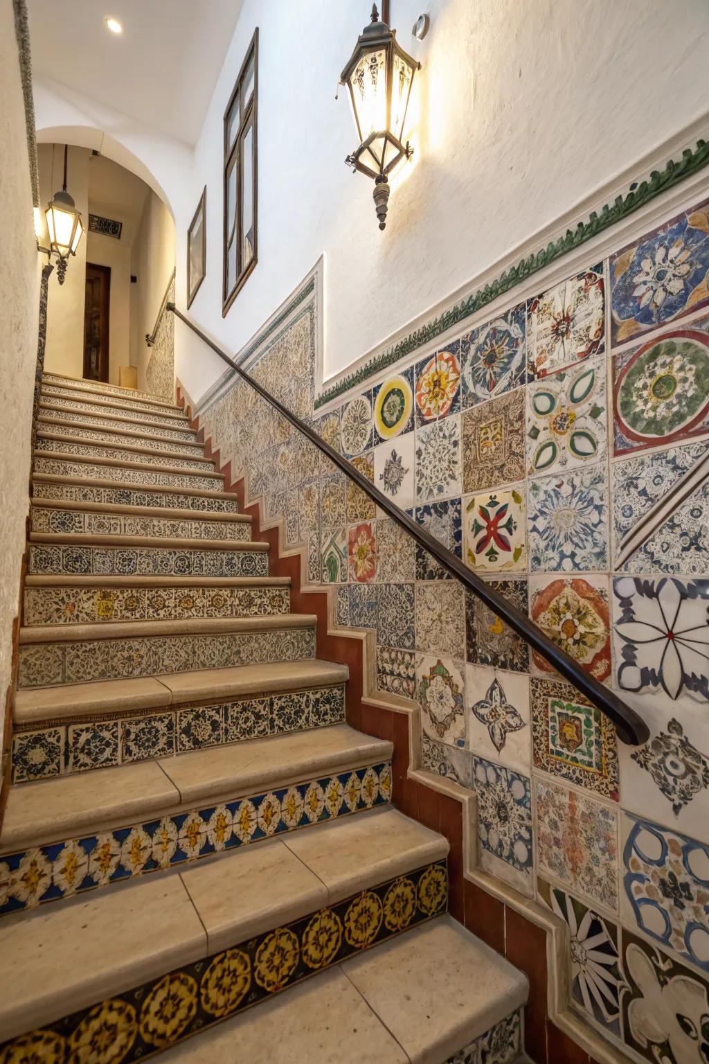 Tiled backgrounds have the potential to convert your staircase into a visually enthralling architectural aspect.