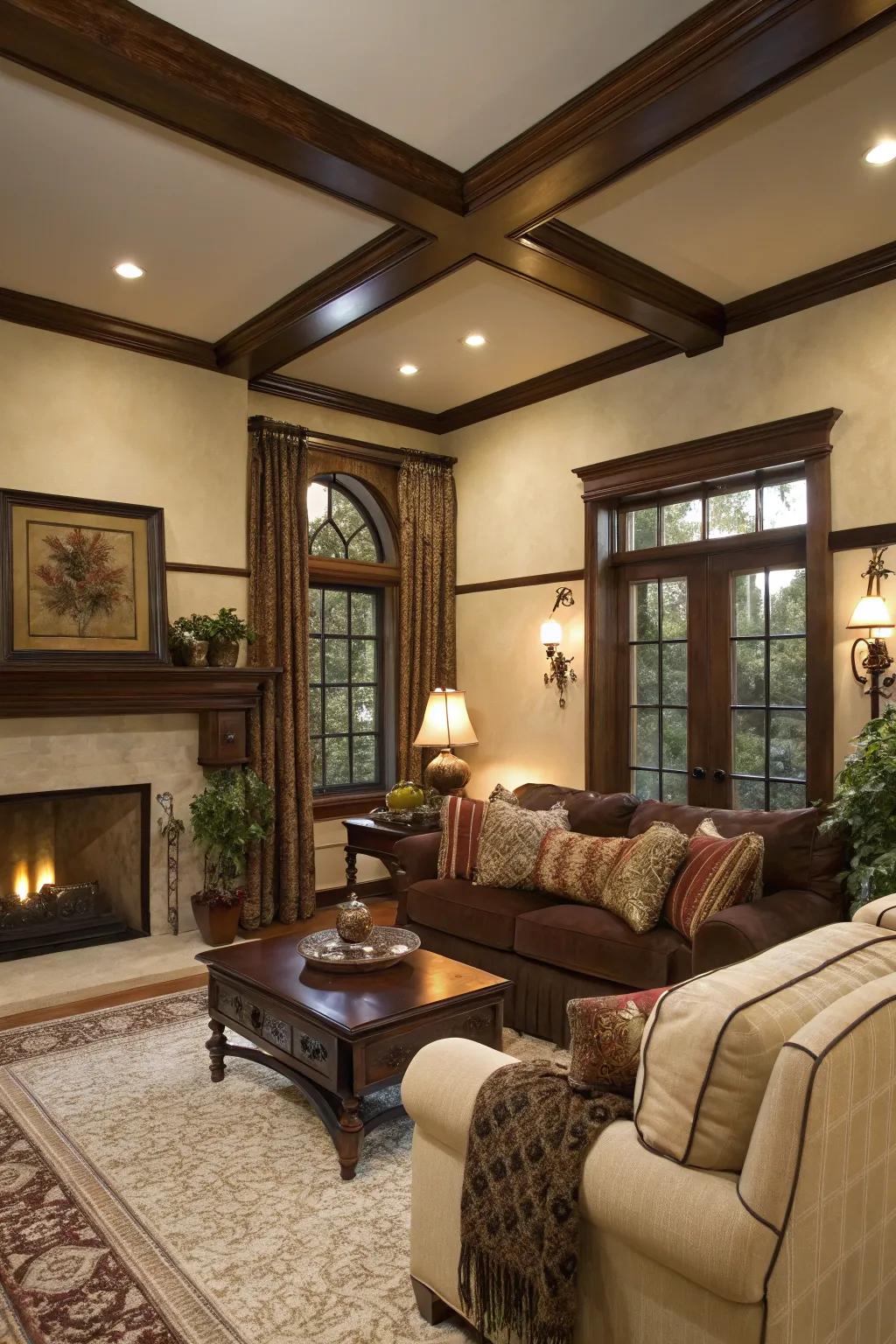 Warm and inviting with vanilla walls and cocoa trim.