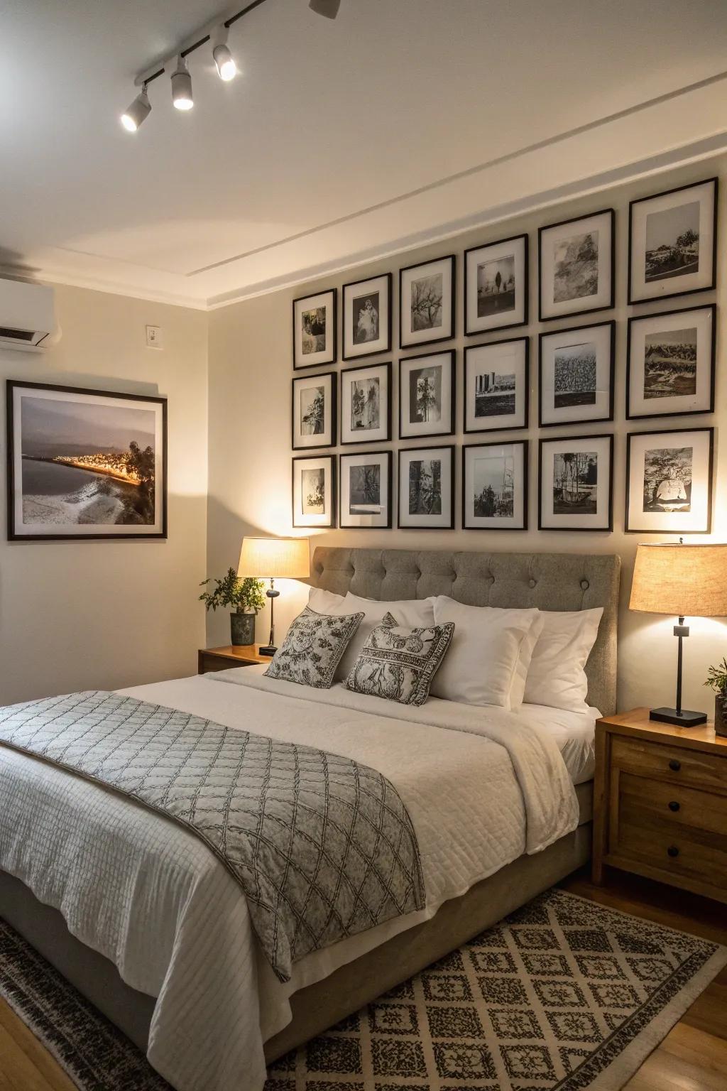 Black and white photos bring a classic elegance to your bedroom.