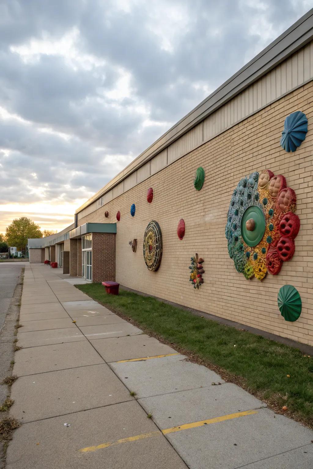 Sculptural fixtures fashioning an artistry piece along a school wall