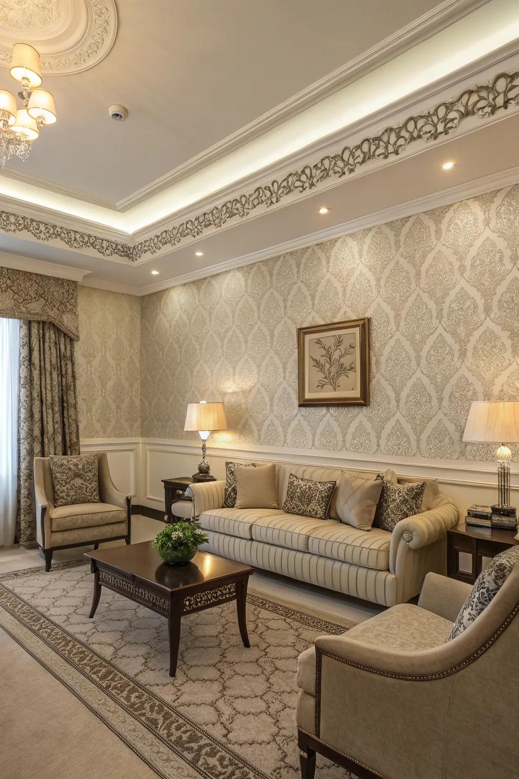 An elegant living room with a textured wallpaper edging that adds depth.