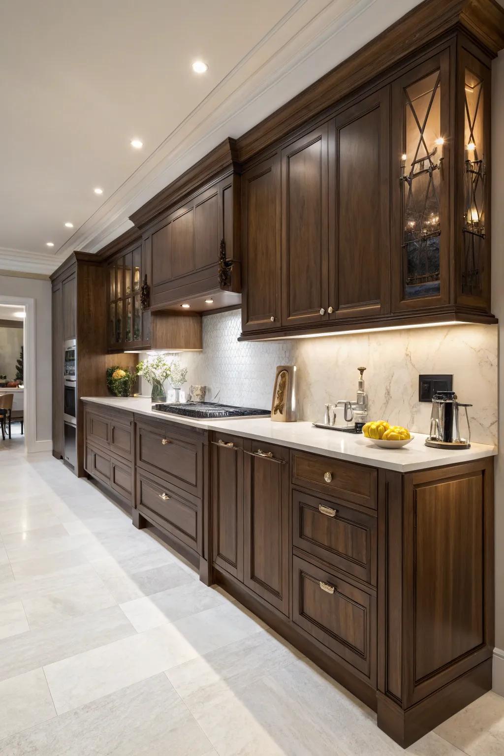Black hickory cabinets offer timeless elegance.