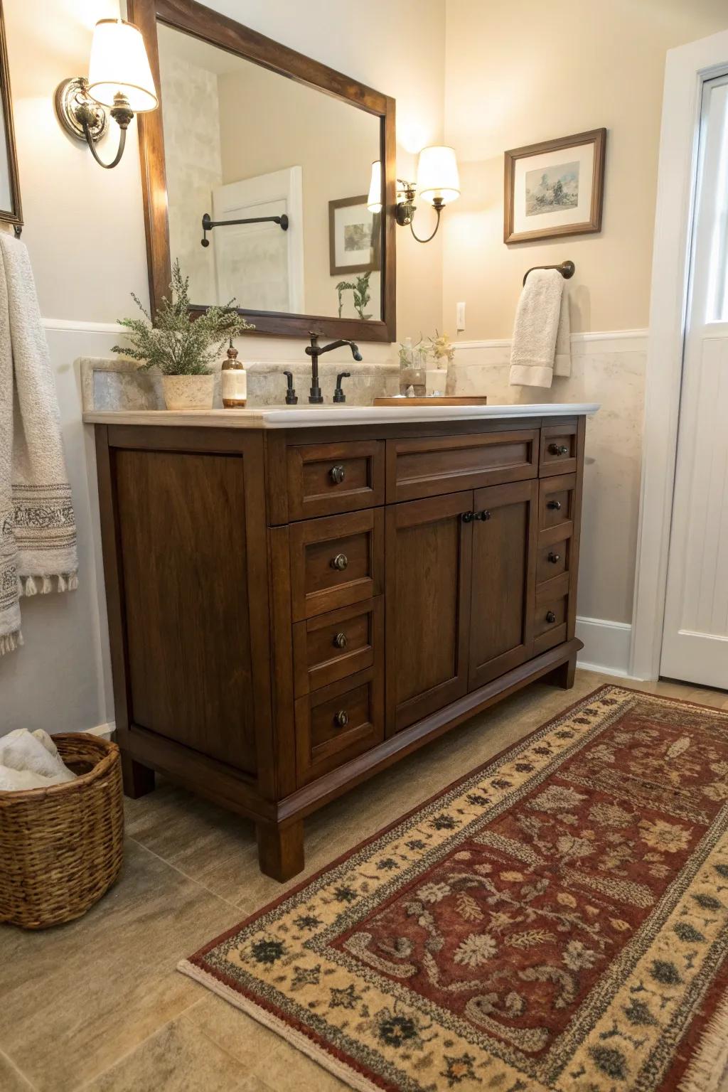 Present coziness and charm through an antique rug found inside your bathroom.