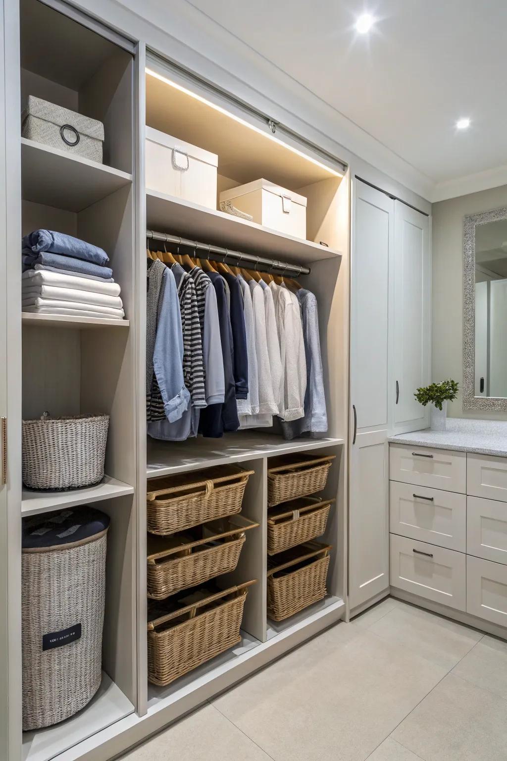 Concealed laundry solutions keep your closet tidy and organized.