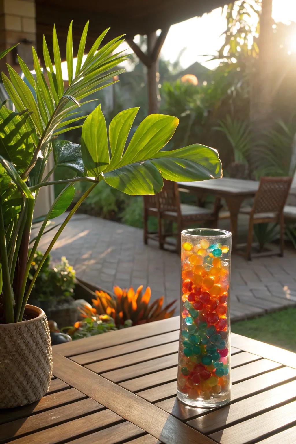 A tropic getaway featuring lively aqua gems and lush foliage.