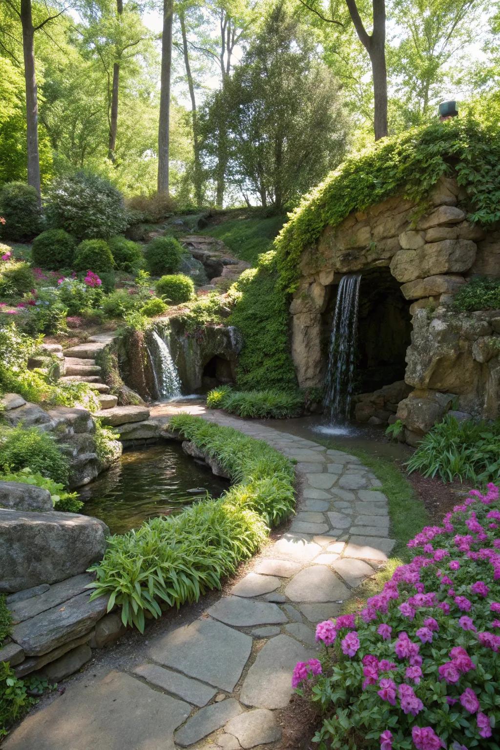 A magical garden grotto showcasing a concealed stone waterfall.
