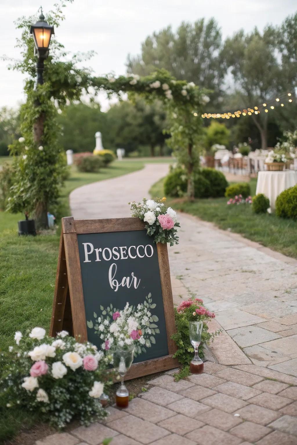A garden pathway leading to a sparkle wine station.