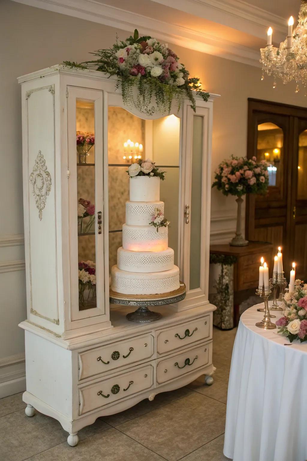 A classic wardrobe providing a unique base for the wedding cake.