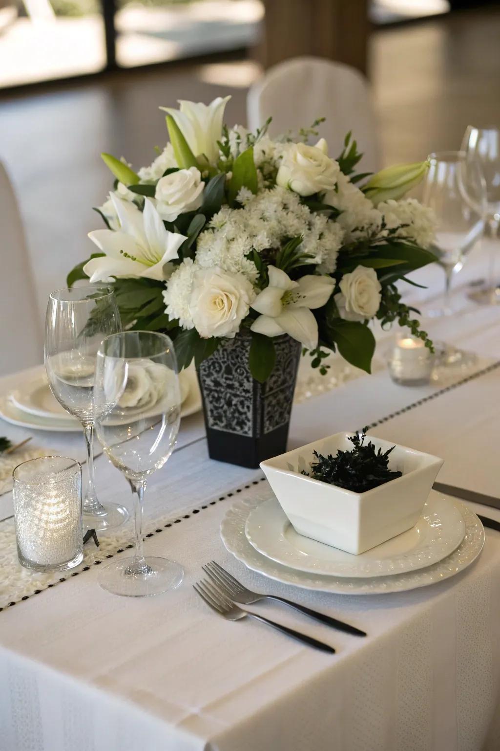 A chic black and white centerpiece radiating modernized elegance.