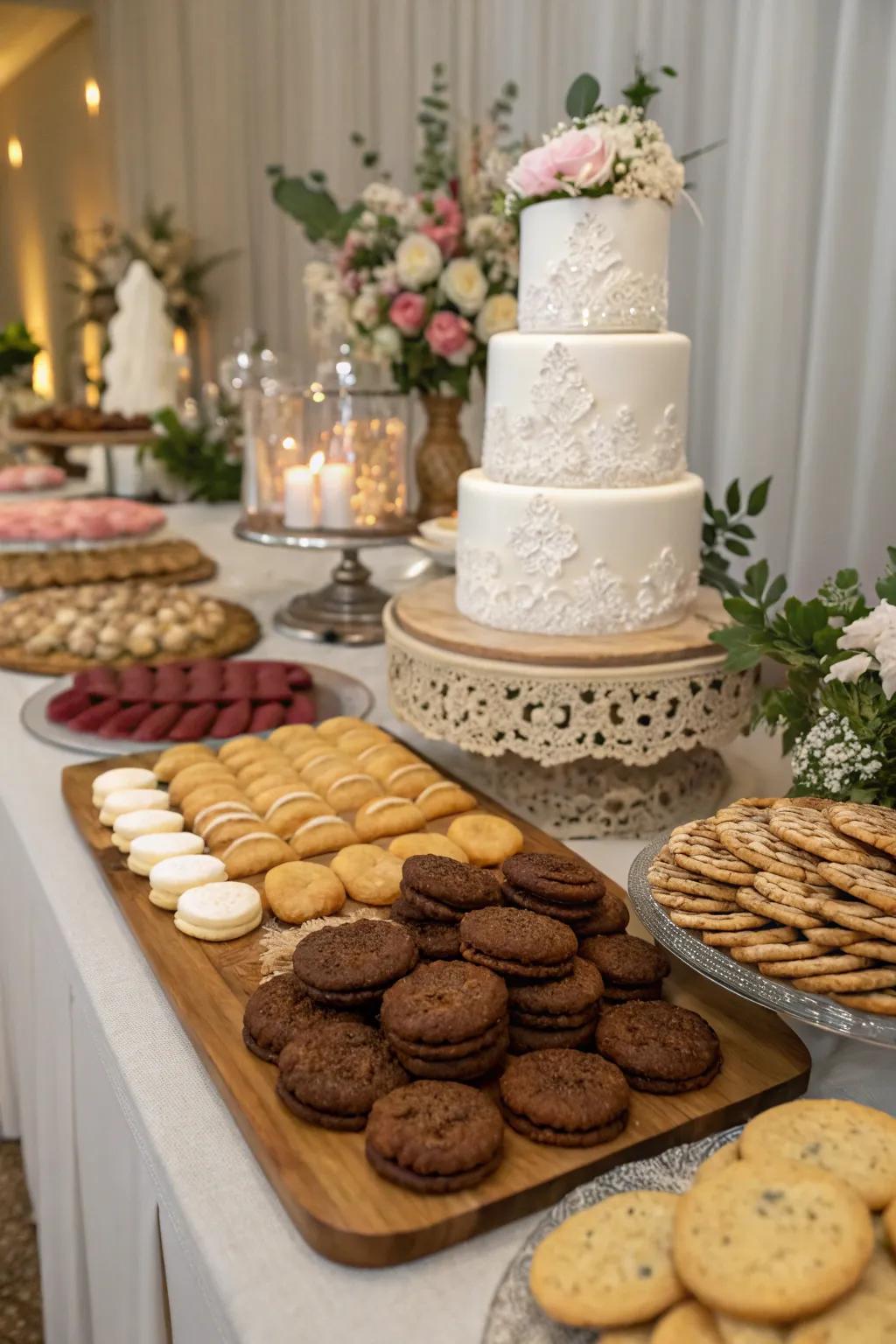Mixed surfaces enhance the visual appeal of a wedding cookie arrangement.