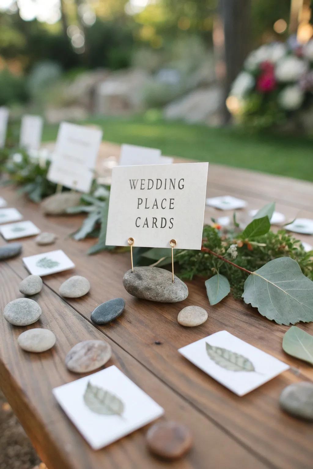 Creative wedding spot markers crafted with natural elements such as leaves and stones.