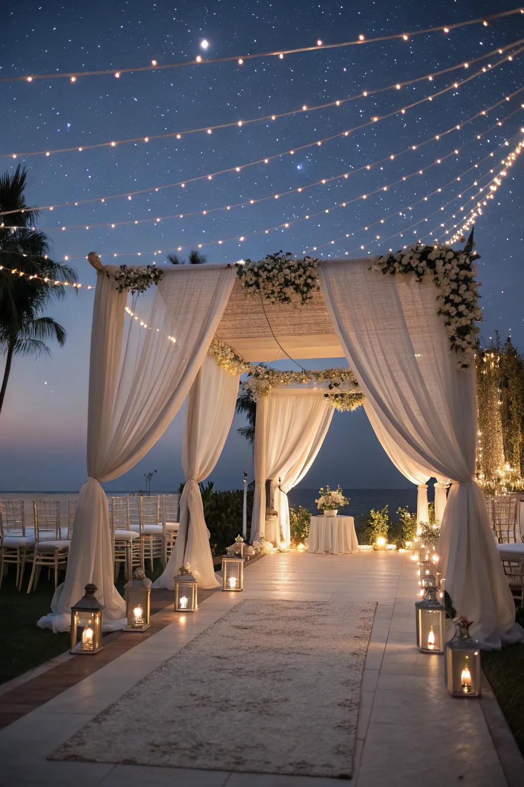 Capture moonlit enchantment with ethereal drapery and twinkling lights.