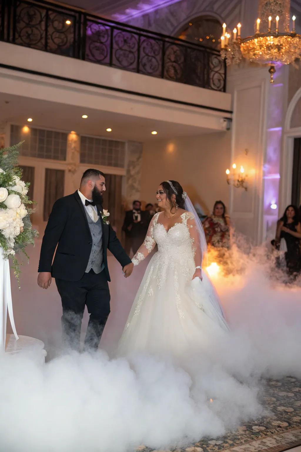 A vapor effect infuses drama and mystery into the couple's entrance.