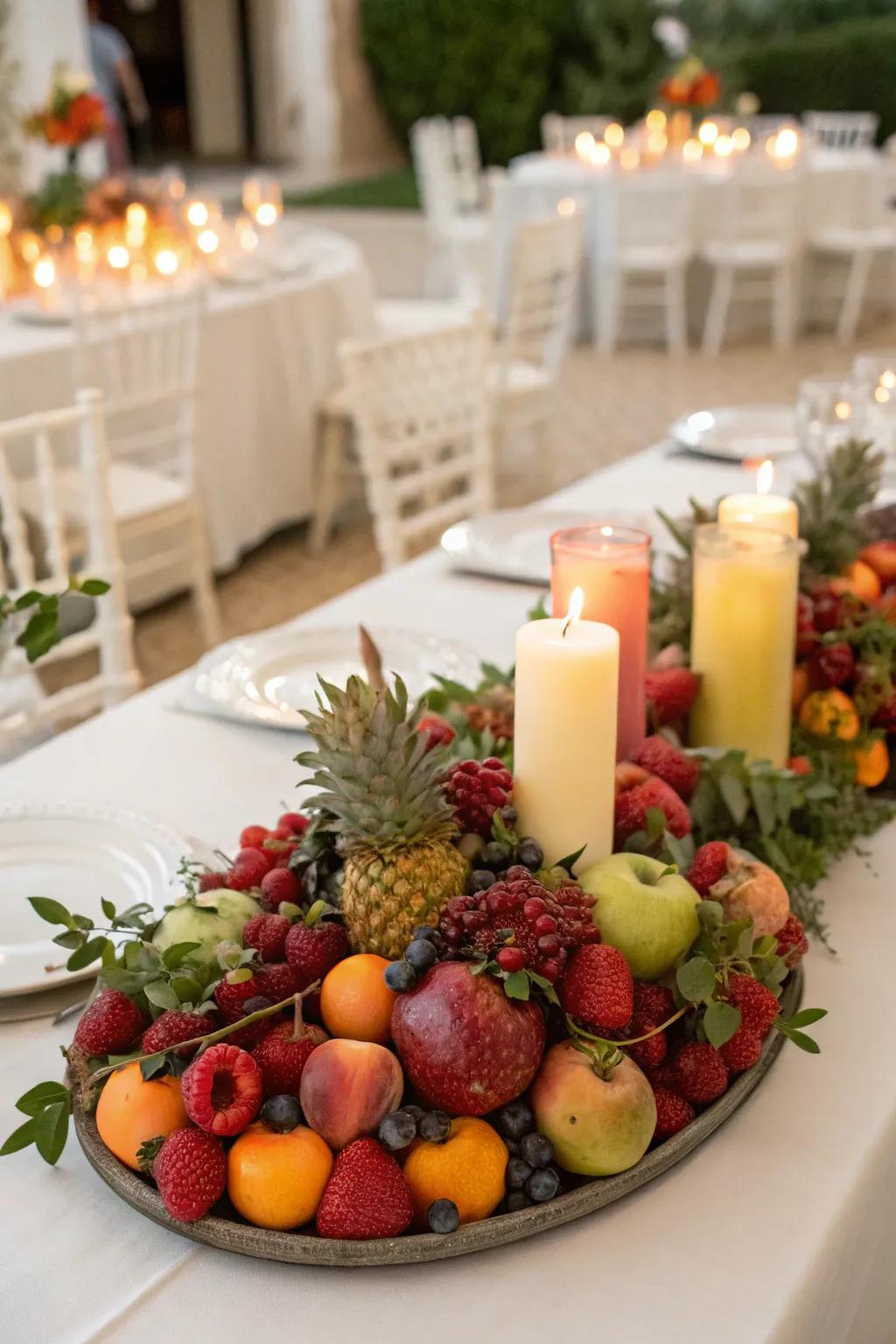 Seasonal fruits introducing a refreshing twist to the arrangement.