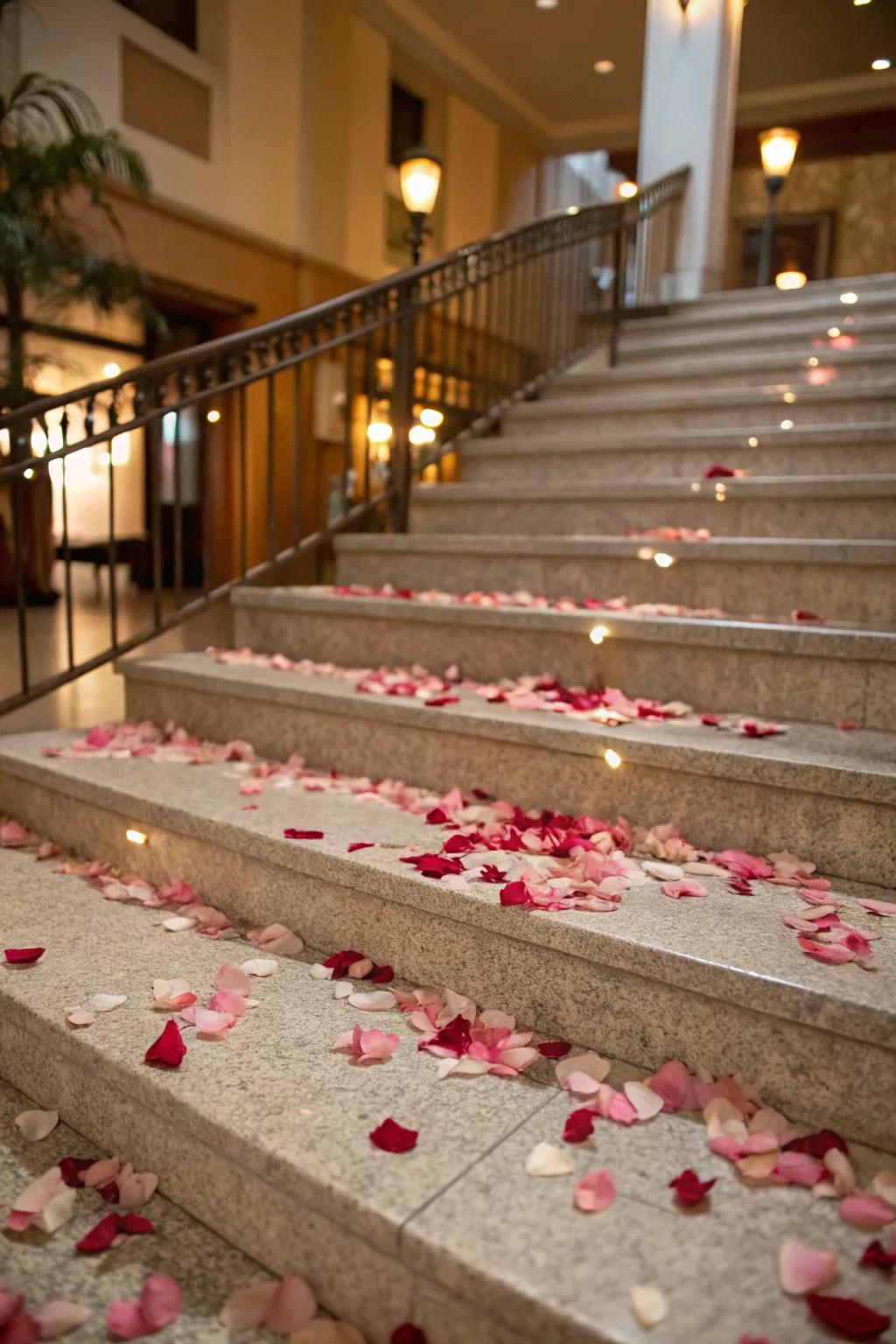 Rose blossoms dispersed across the steps impart quintessential amorous elegance.