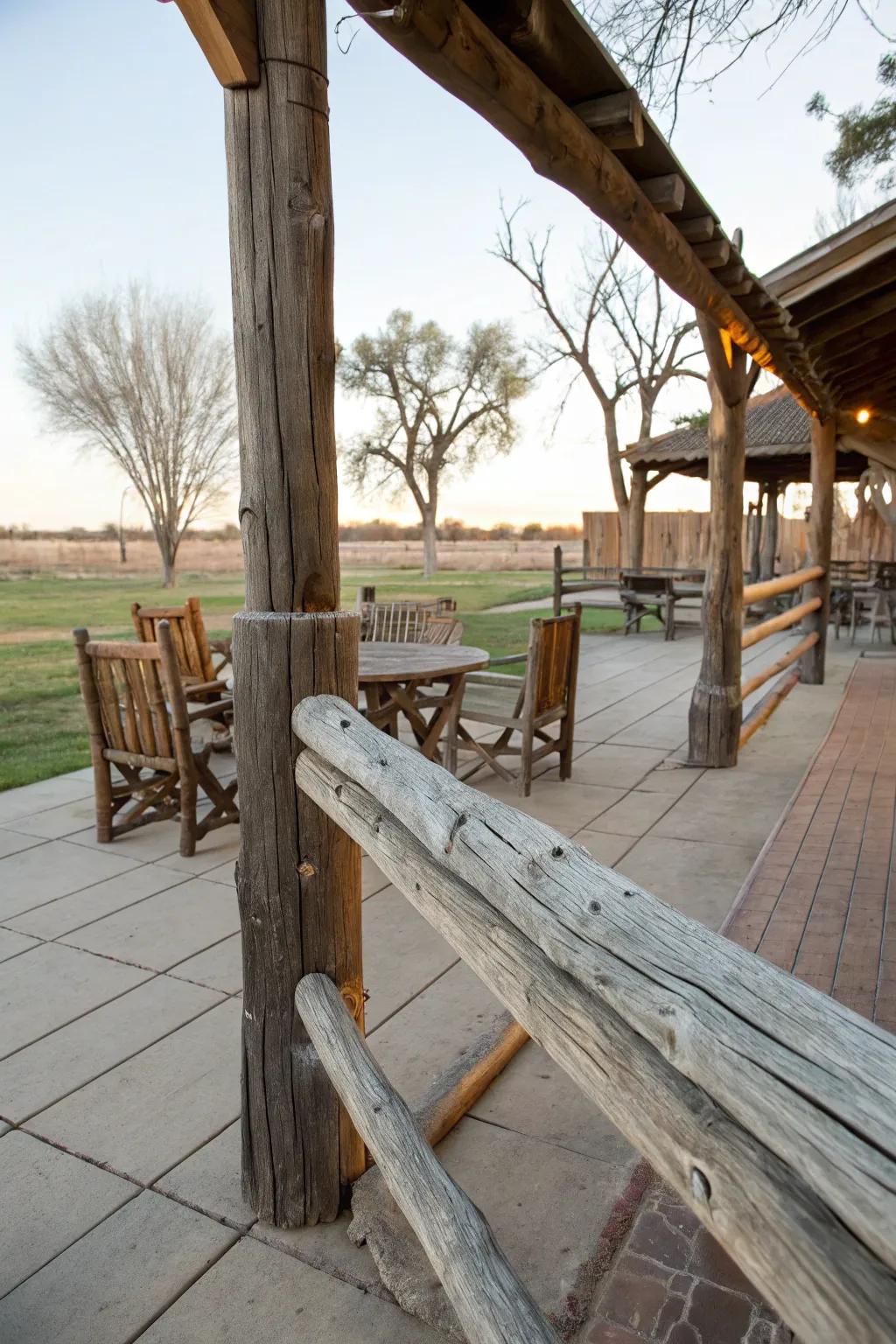 A weathered timber boundary contributes privacy and rustic charm.