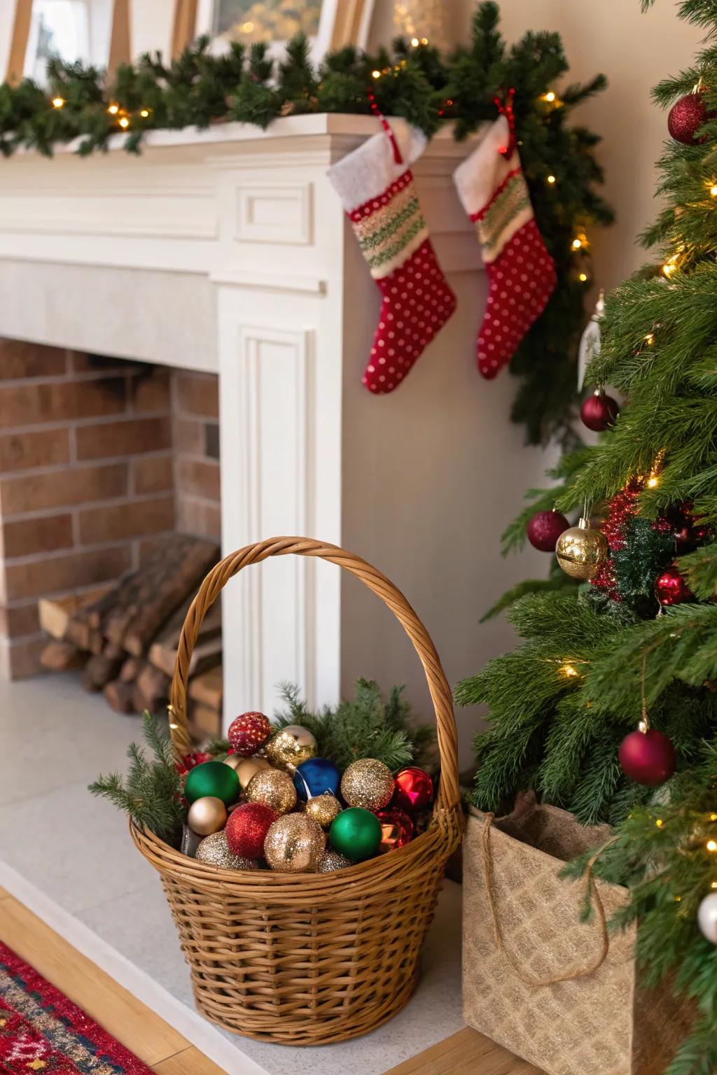 A basket showcasing trinkets appends festive flourish to your holiday decor.