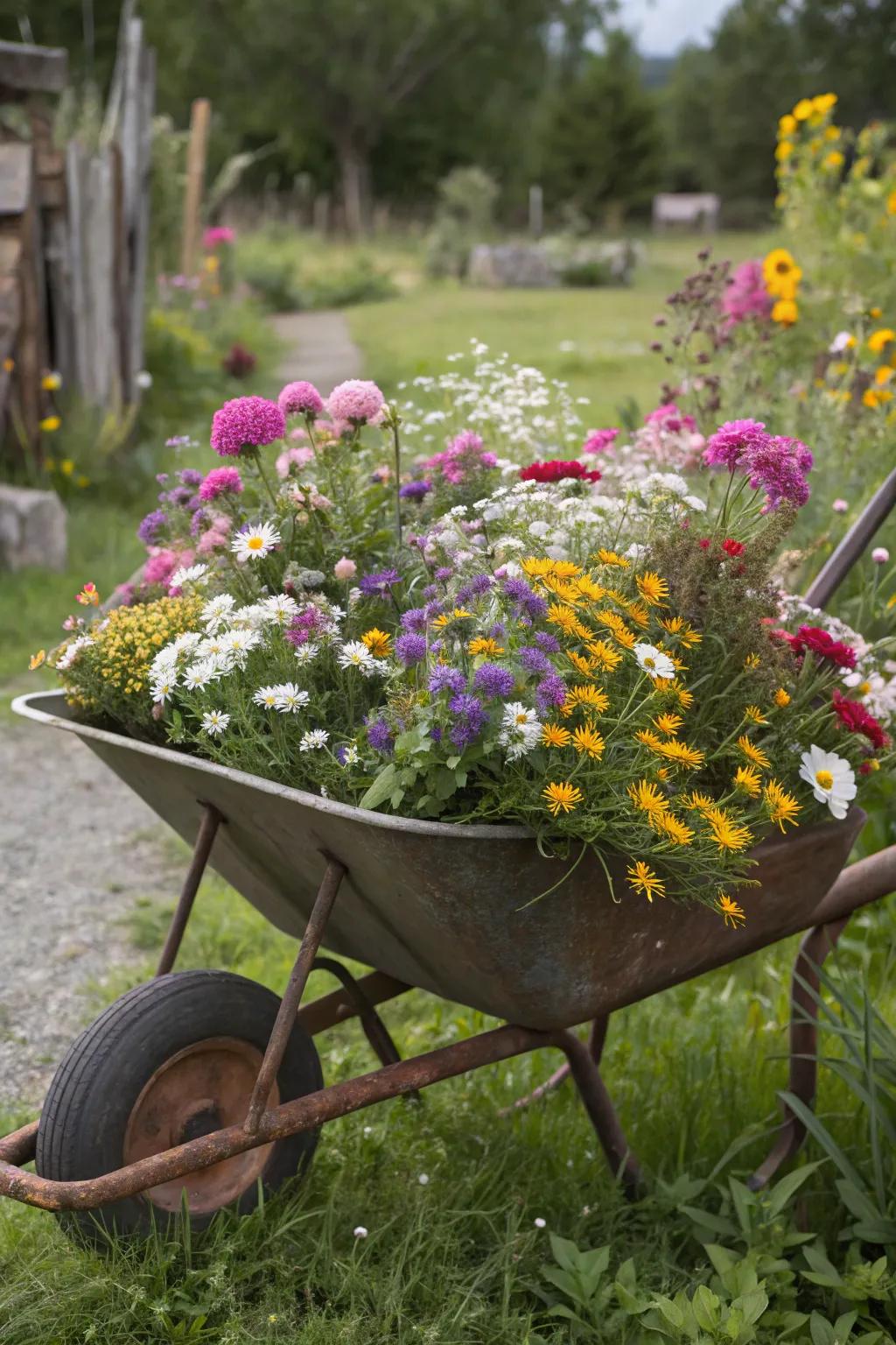 Attract pollinators by transforming your wheelbarrow into a vibrant wildflower sanctuary.