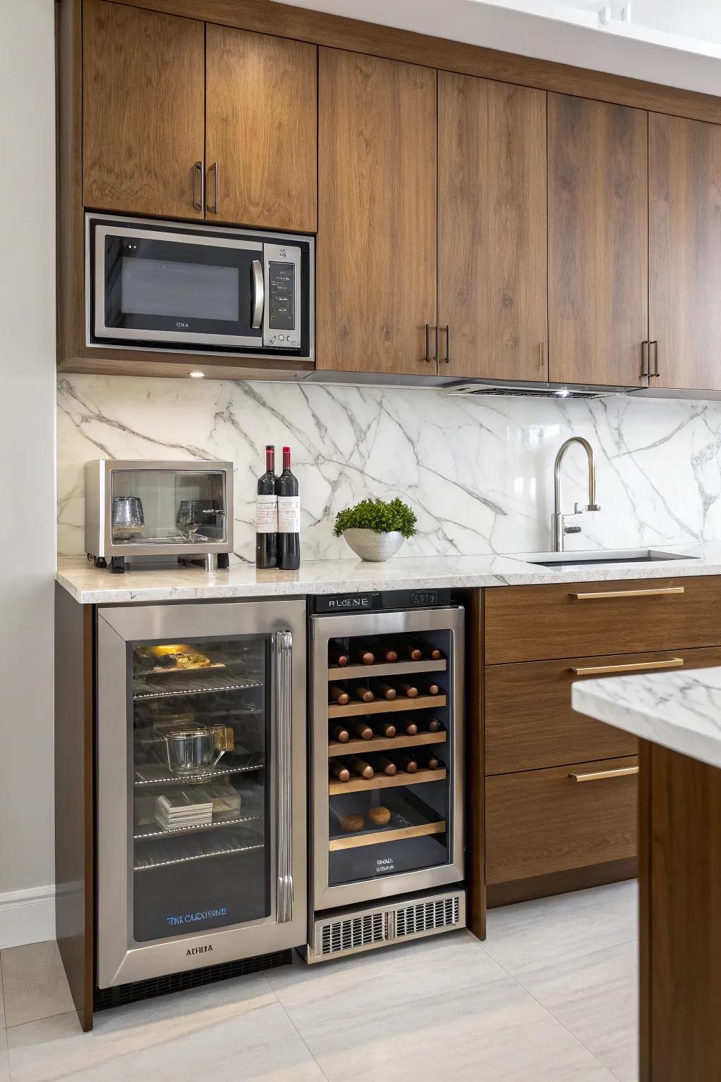 A quick cooker above a wine fridge offers a chic and novel kitchen feature.