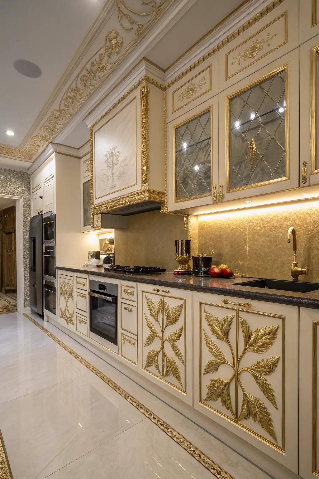 Gilded leaf accents introduce an artistic and luxurious element to your kitchen.