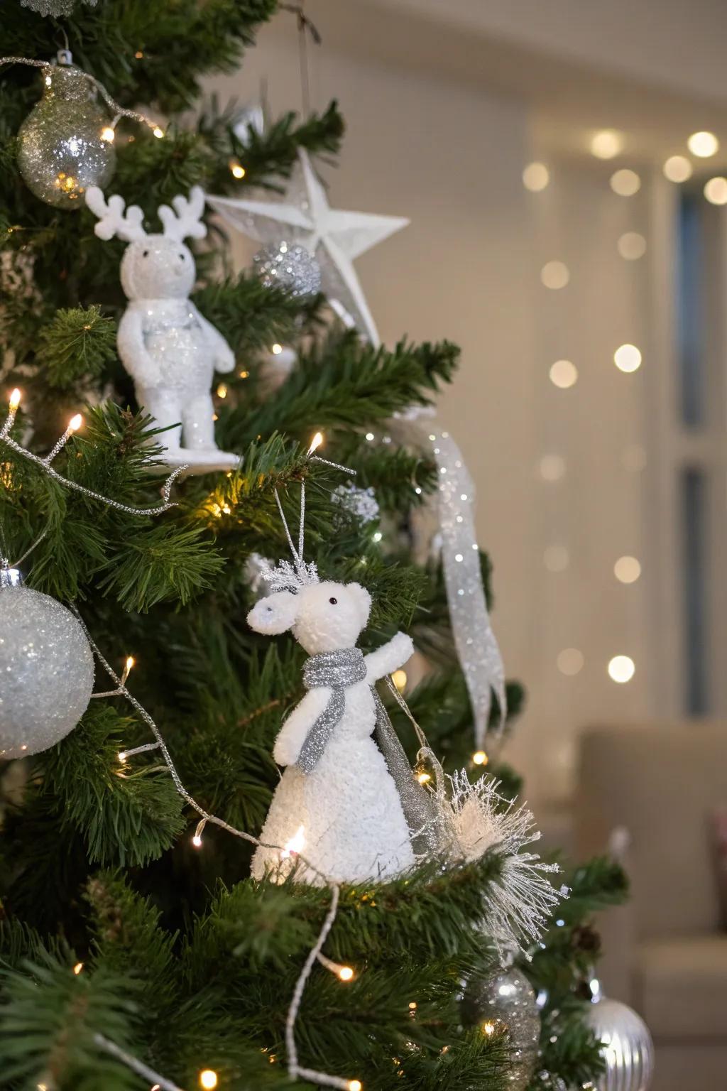 Quirky white statuettes add a playful accent.