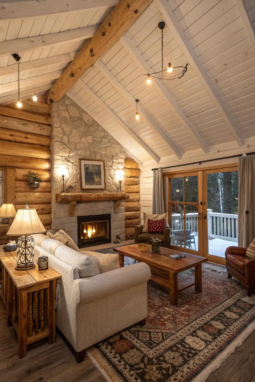 A rustic cabin rocking a whitewashed wood ceiling, making it feel warm and textured.