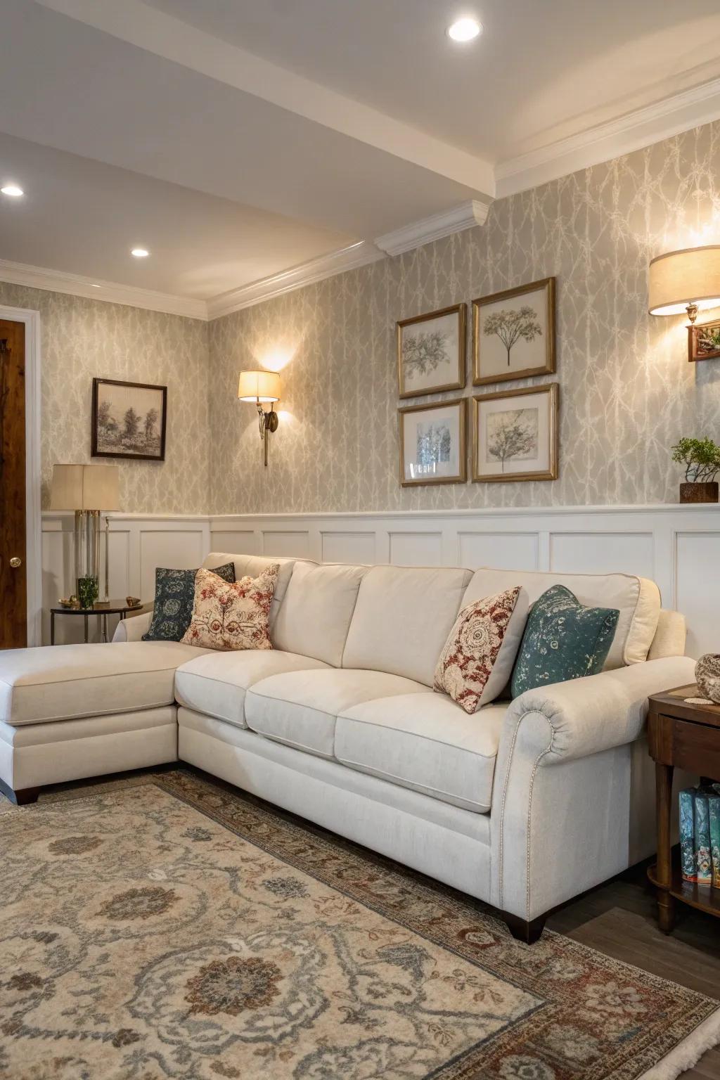 Dual-texture partitions lend intrigue to a living space featuring a creamy white sectional.