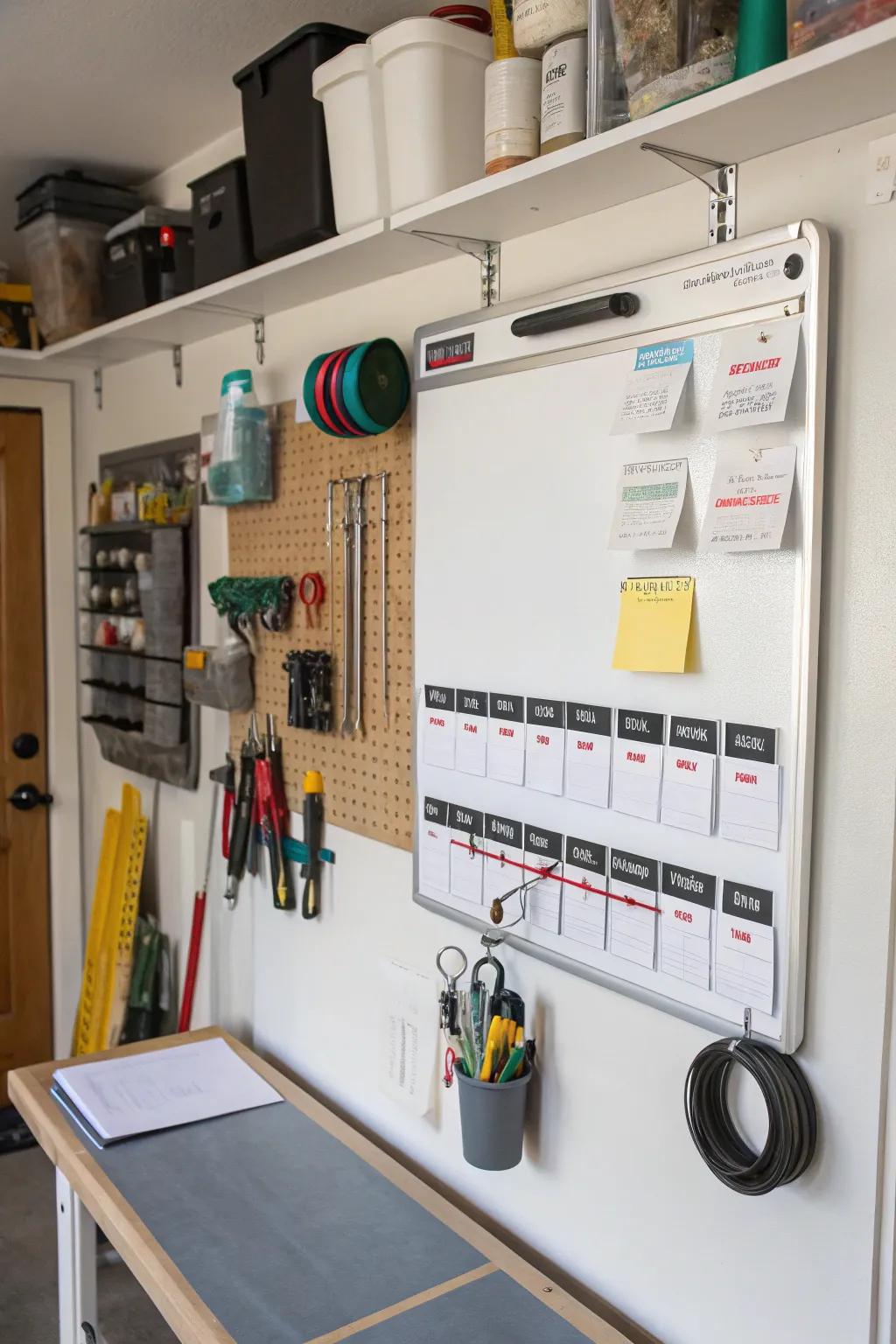 A magnetic strip on the whiteboard retains accessories handy.