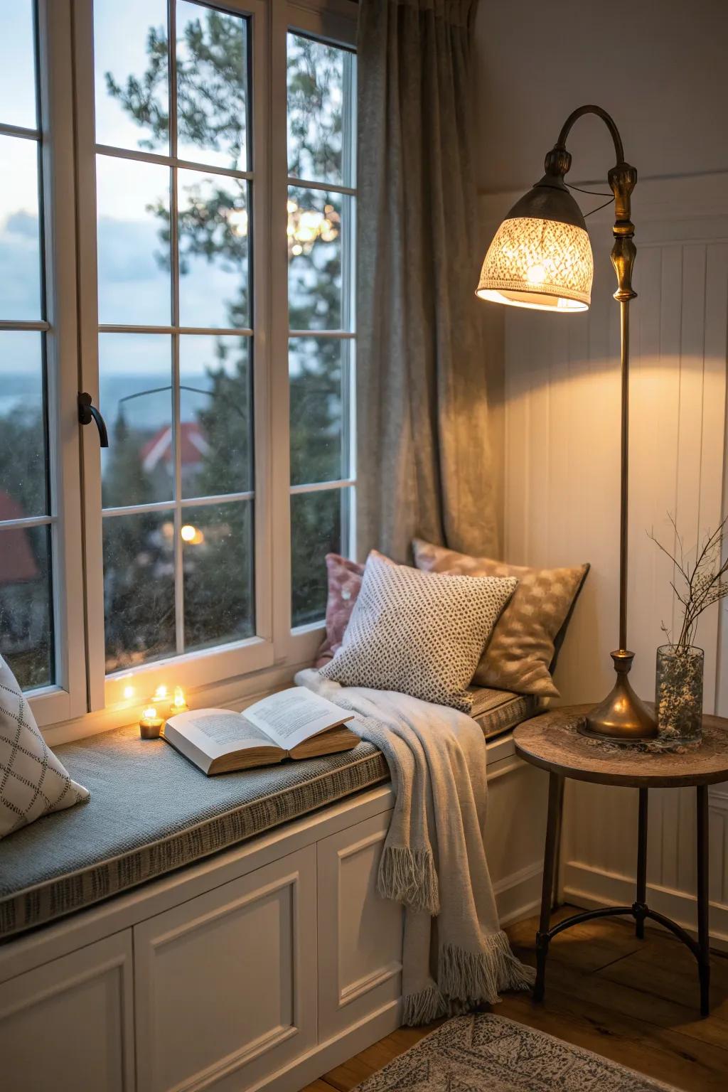 A window nook equipped with a reading lamp to illuminate the space.