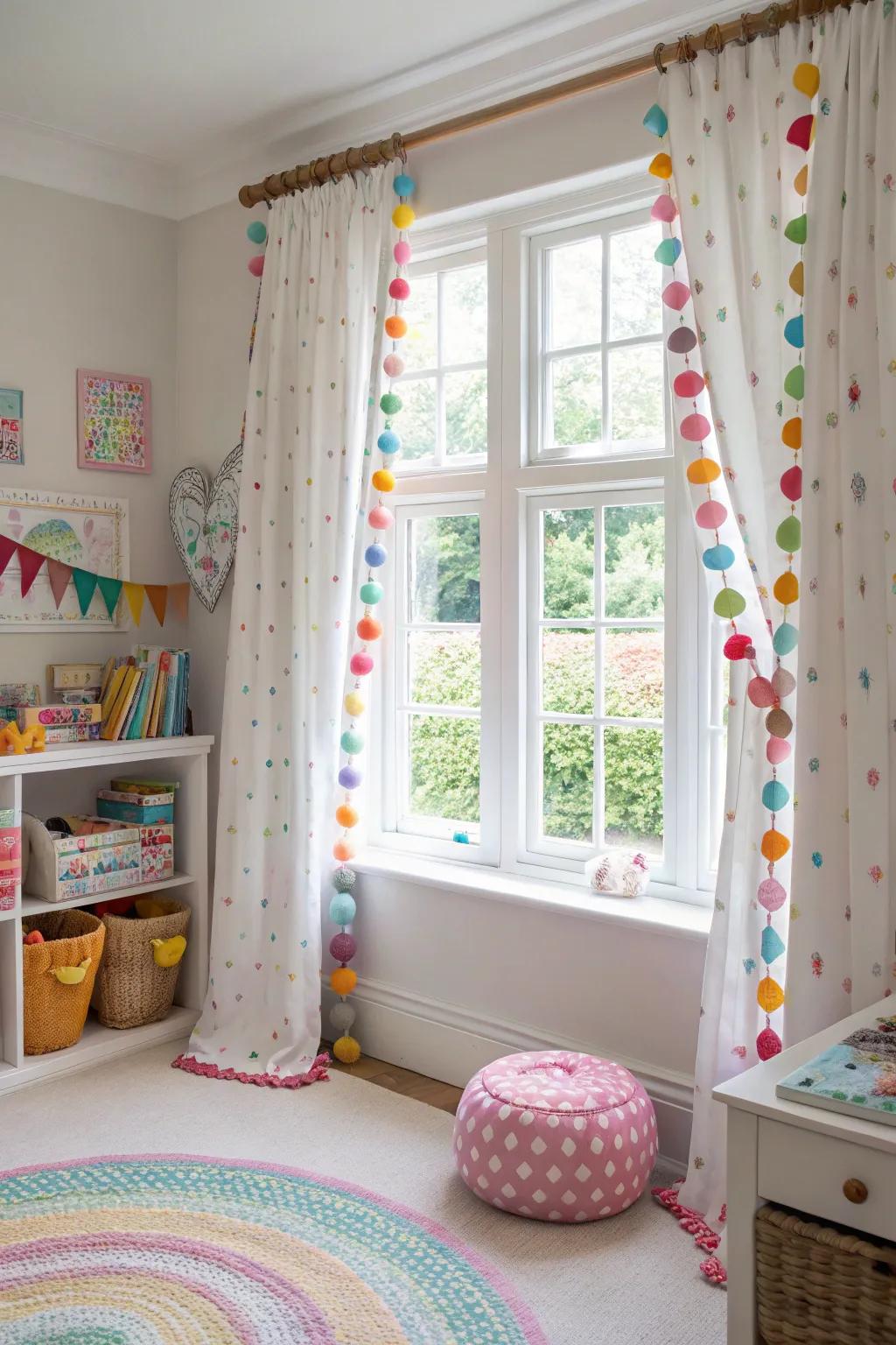 Bring whimsy with playful pompom accented window styling.