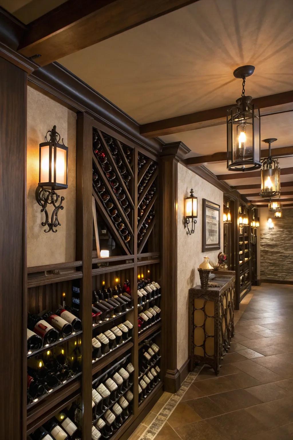 Distinctive wall fixtures contributing light and character to the wine room.