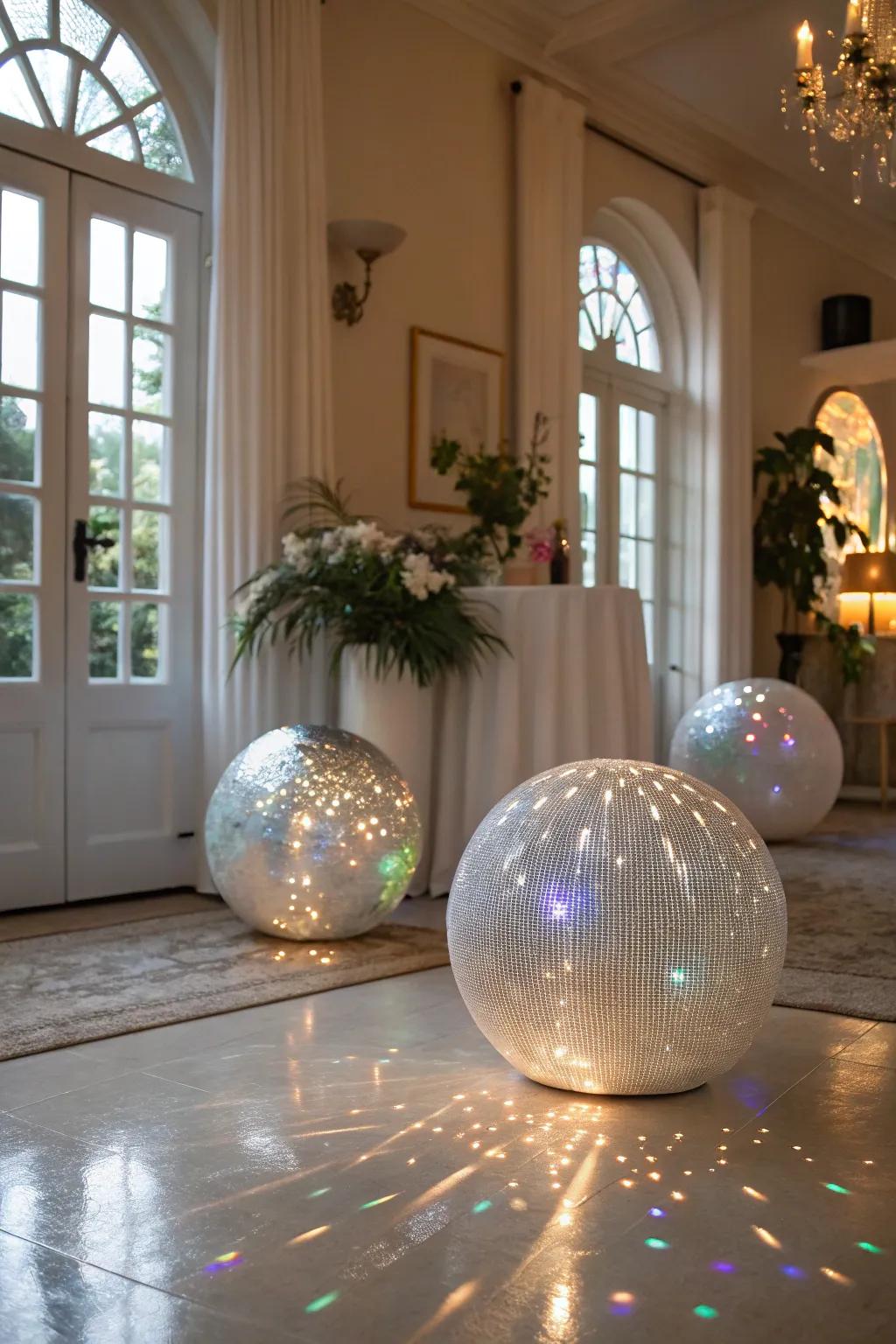 Iridescent accents provide a snow-like shimmer to decor.