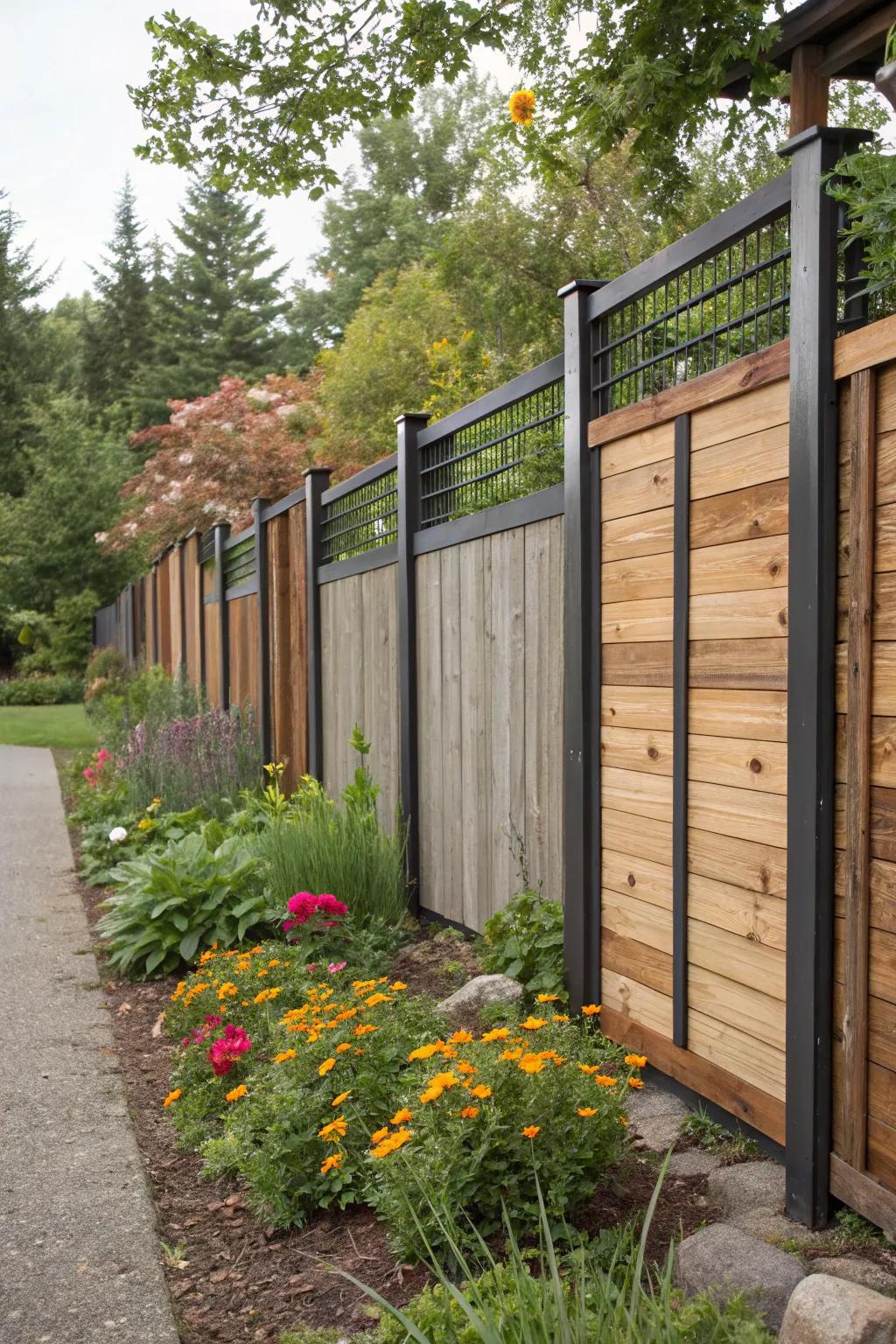 An intriguing fence exhibiting dynamic elevations of lumber and steel boards.