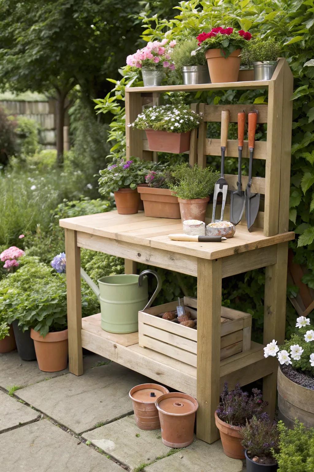 Stay organized with a functional timber potting station.